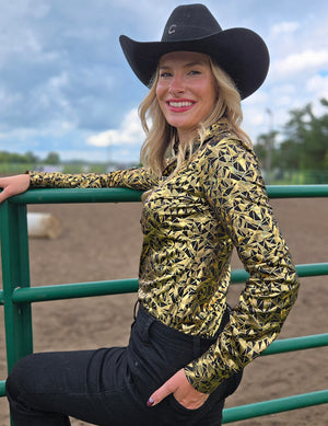 COWGIRL TUFF Gold & Black Iridescent Metallic Stretch Lightweight Pullover Button Up