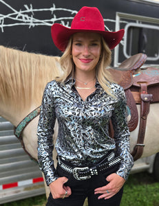 COWGIRL TUFF Silver Pink & Black Metallic Stretch Lightweight Pullover Button Up
