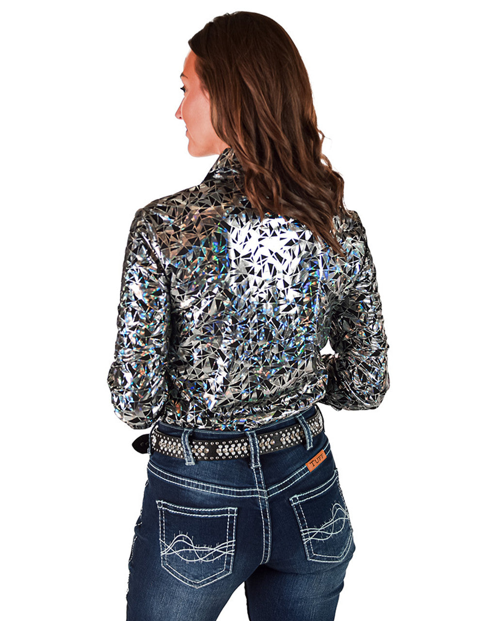 COWGIRL TUFF Silver Pink & Black Metallic Stretch Lightweight Pullover Button Up