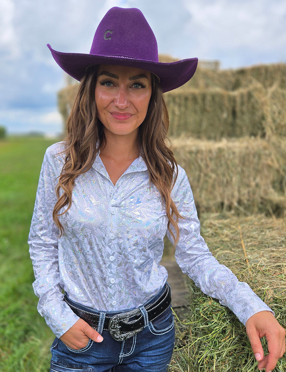 COWGIRL TUFF White & Silver Iridescent Metallic Stretch Lightweight Pullover Button Up