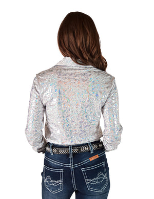 COWGIRL TUFF White & Silver Iridescent Metallic Stretch Lightweight Pullover Button Up