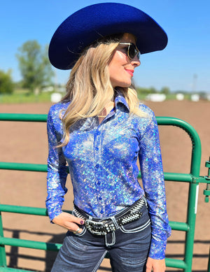 COWGIRL TUFF Royal Blue & Silver Iridescent Stretch Lightweight Pullover Button Up