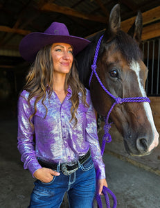 COWGIRL TUFF Lavendar & Silver Iridescent Stretch Lightweight Pullover Button Up