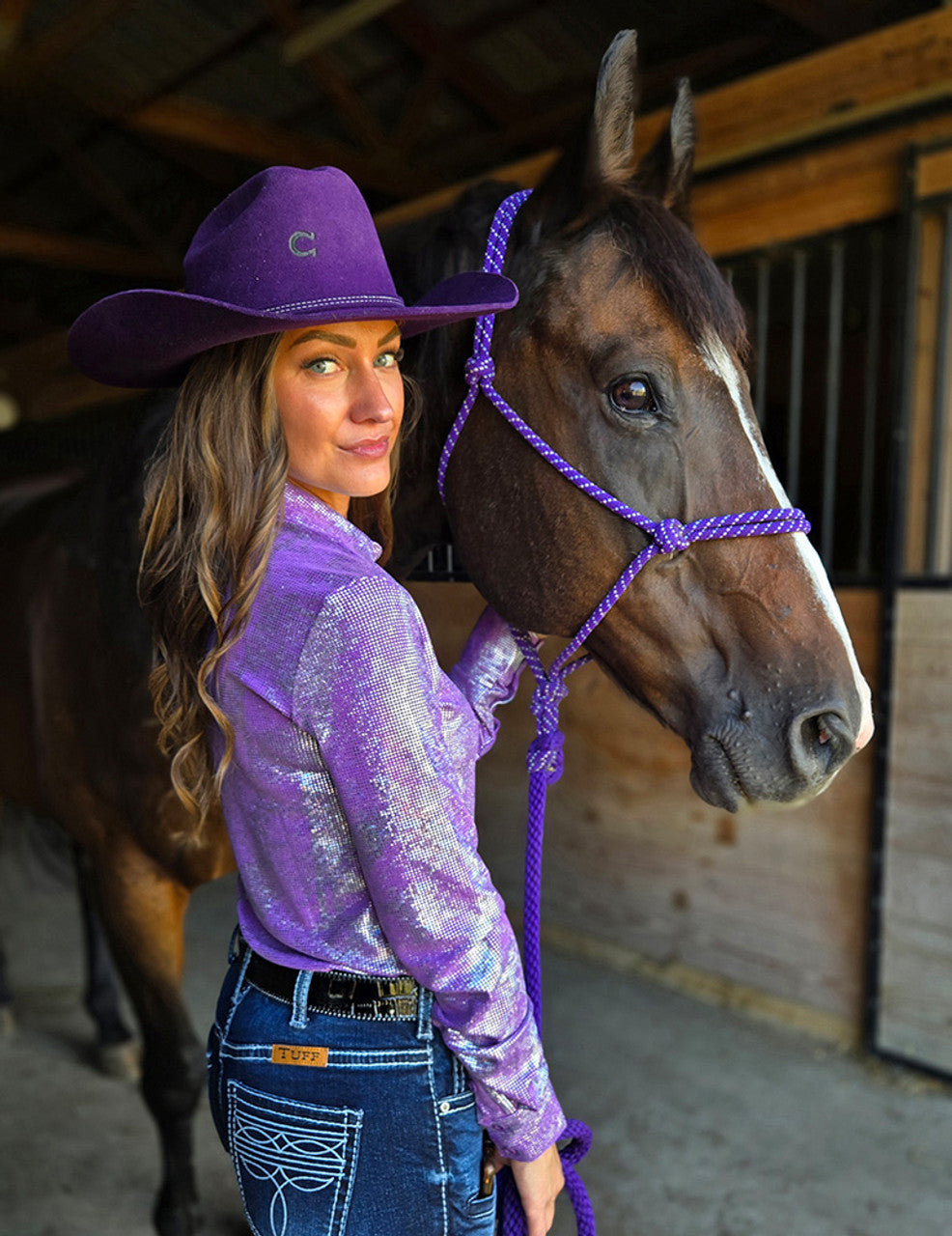 COWGIRL TUFF Lavendar & Silver Iridescent Stretch Lightweight Pullover Button Up