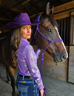 COWGIRL TUFF Lavendar & Silver Iridescent Stretch Lightweight Pullover Button Up