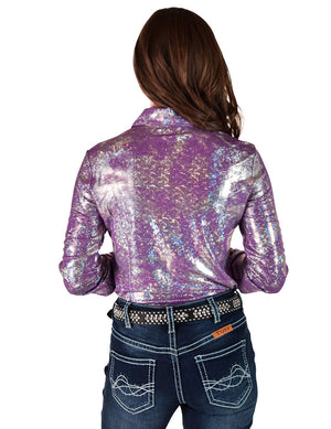 COWGIRL TUFF Lavendar & Silver Iridescent Stretch Lightweight Pullover Button Up
