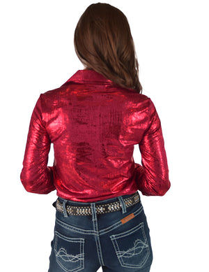COWGIRL TUFF Bright Red Foil Stretch Jersey Lightweight Pullover Button Up