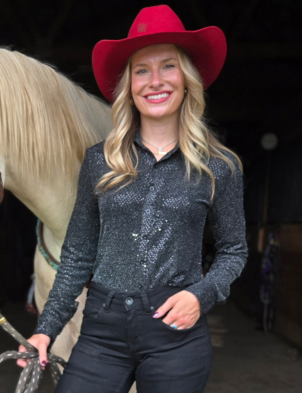 COWGIRL TUFF Black tiny sequins stretch Jersey Lighweight Pullover Button Up