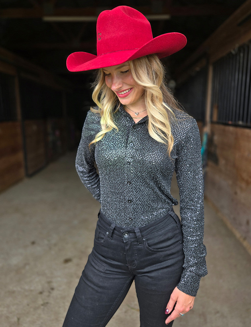 COWGIRL TUFF Black tiny sequins stretch Jersey Lighweight Pullover Button Up