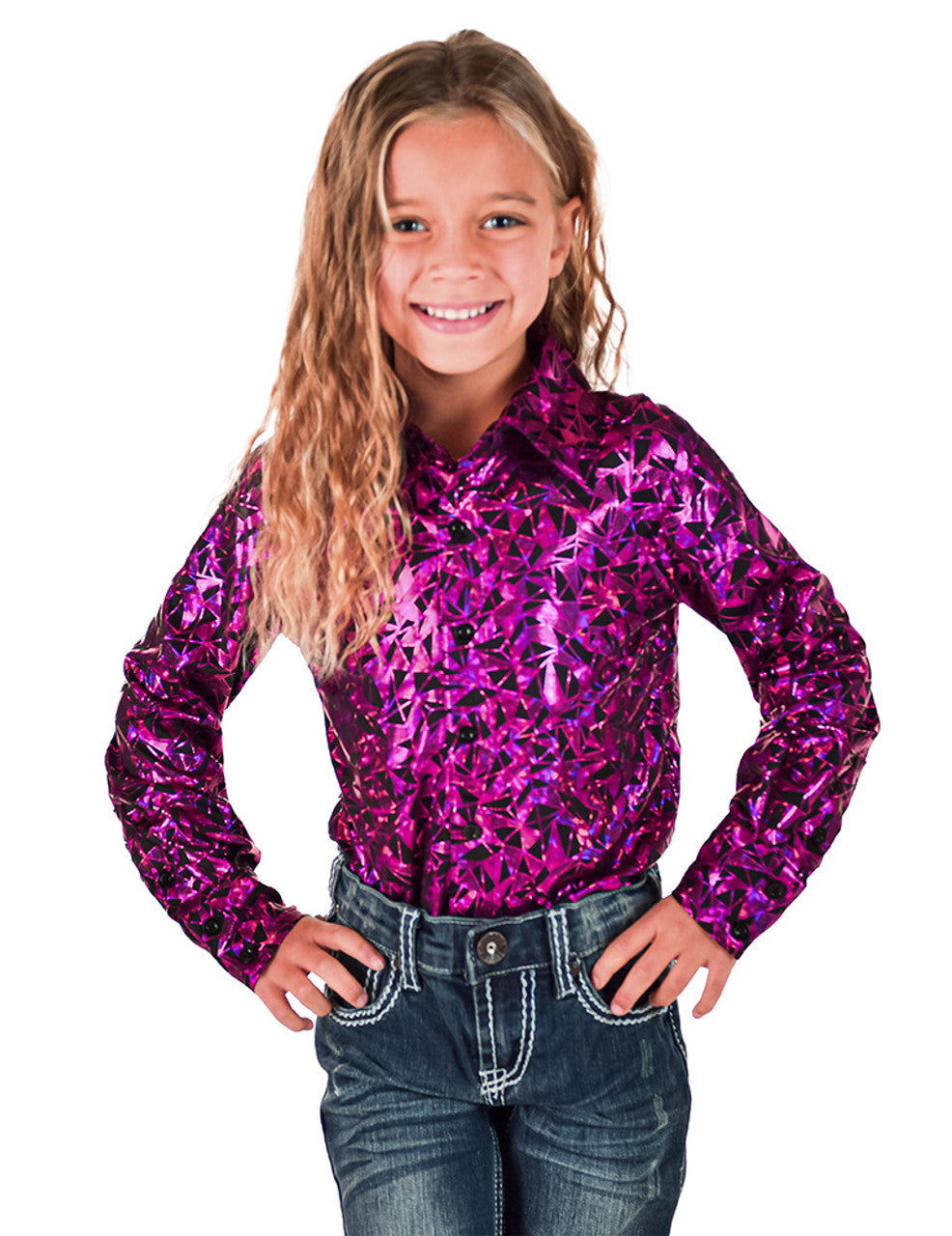 COWGIRL TUFF Girls Hot Pink & Black Iridescent Metallic Stretch Lightweight Pullover Button Up