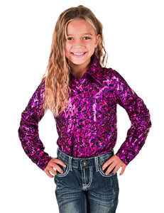 COWGIRL TUFF Girls Hot Pink & Black Iridescent Metallic Stretch Lightweight Pullover Button Up