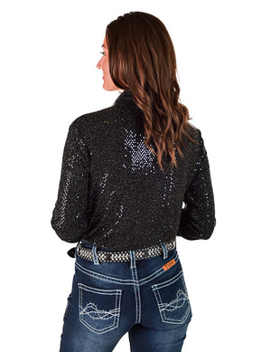 COWGIRL TUFF Black tiny sequins stretch Jersey Lighweight Pullover Button Up