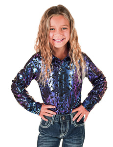 COWGIRL TUFF Girls Purple & Teal Iridescent Metallic Stretch Lightweight Pullover Button Up