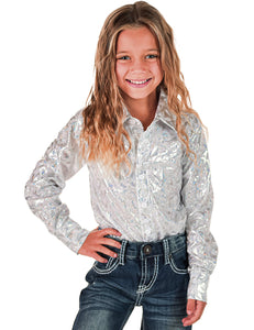 COWGIRL TUFF Girls White & Silver Iridescent Metallic Stretch Lightweight Pullover Button Up