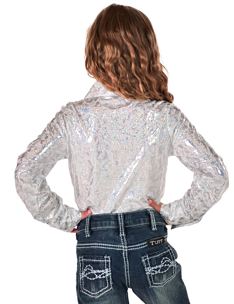 COWGIRL TUFF Girls White & Silver Iridescent Metallic Stretch Lightweight Pullover Button Up