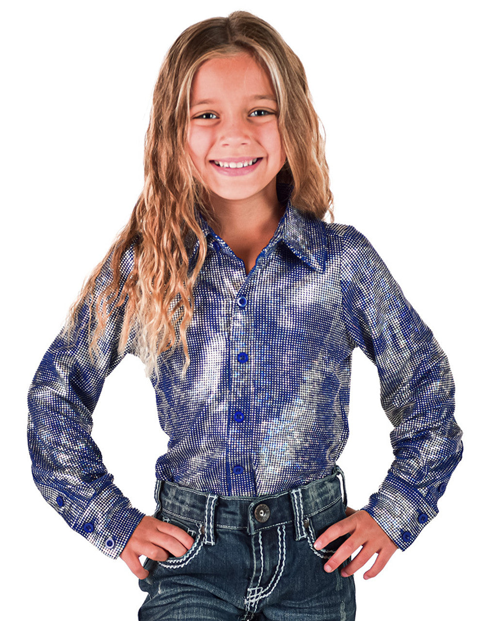 COWGIRL TUFF Girls Royal Blue & Silver Iridescent Stretch Lightweight Pullover Button Up