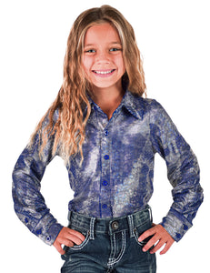 COWGIRL TUFF Girls Royal Blue & Silver Iridescent Stretch Lightweight Pullover Button Up