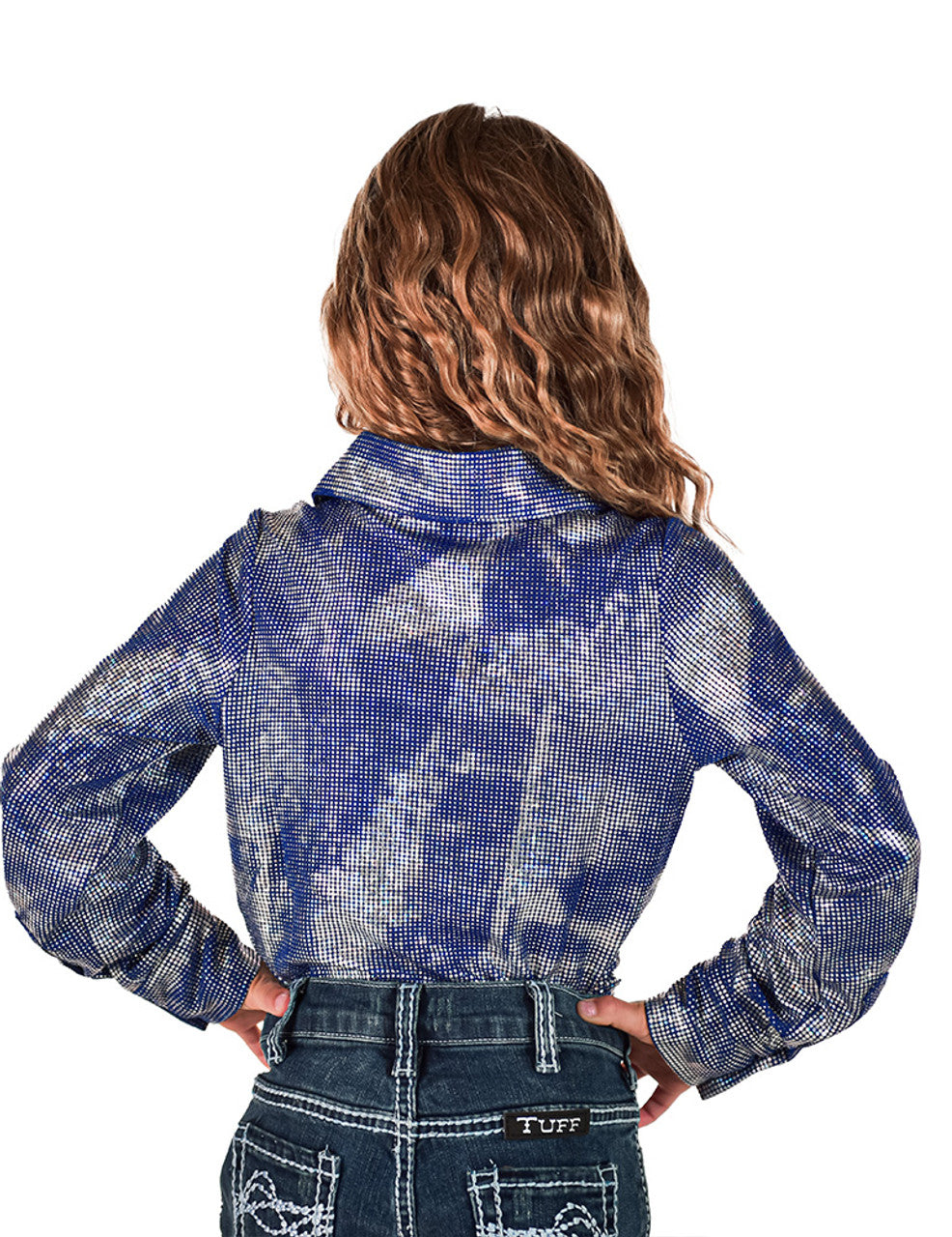 COWGIRL TUFF Girls Royal Blue & Silver Iridescent Stretch Lightweight Pullover Button Up