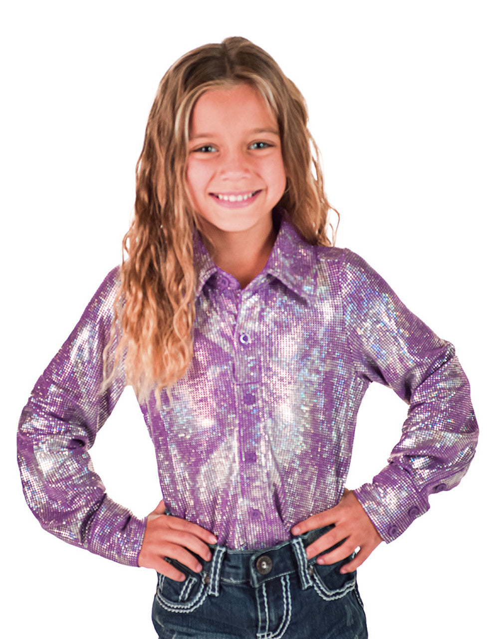 COWGIRL TUFF Girls Lavendar & Silver Iridescent Stretch Lightweight Pullover Button Up