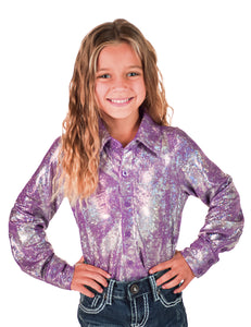 COWGIRL TUFF Girls Lavendar & Silver Iridescent Stretch Lightweight Pullover Button Up
