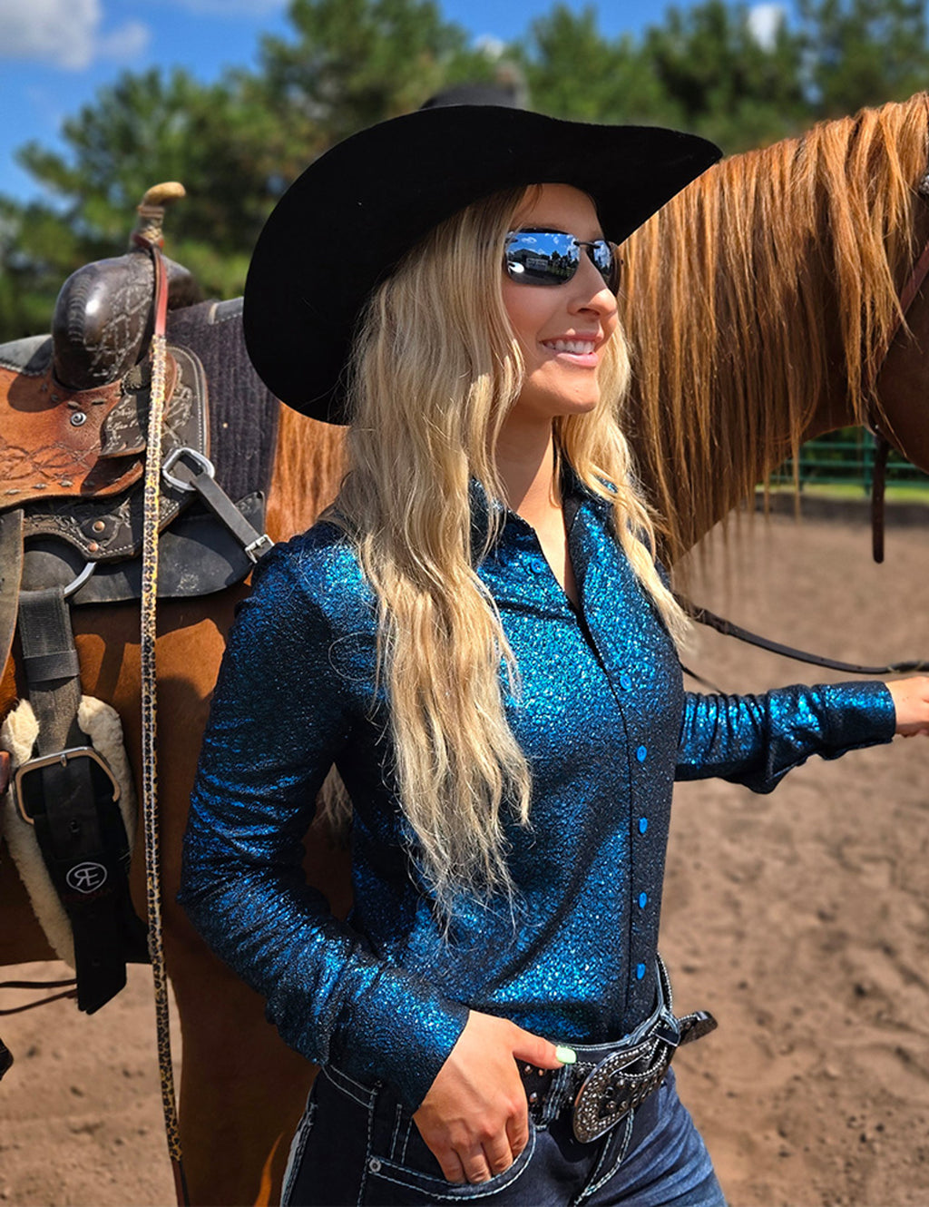 COWGIRL TUFF Beautiful Teal Shimmer Stretch Jersey Lightweight Pullover Button Up
