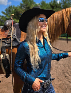 COWGIRL TUFF Beautiful Teal Shimmer Stretch Jersey Lightweight Pullover Button Up
