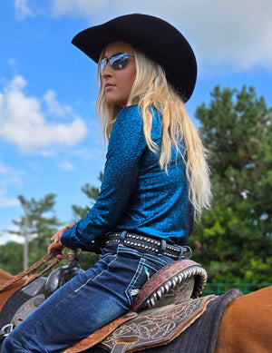 COWGIRL TUFF Beautiful Teal Shimmer Stretch Jersey Lightweight Pullover Button Up