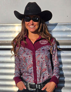 COWGIRL TUFF Pullover Button Up (Gray Paisley With Burgundy Suede Medium Weight And Medium Stretch)