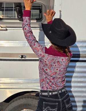 COWGIRL TUFF Pullover Button Up (Gray Paisley With Burgundy Suede Medium Weight And Medium Stretch)