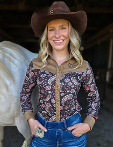 COWGIRL TUFF Pullover Button Up (Brown Black Paisley With Tan Suede Medium Weight And Medium Stretch)