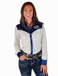 COWGIRL TUFF Pullover Button Up (White Sequins With Sapphire Satin Medium Weight Medium Stretch)