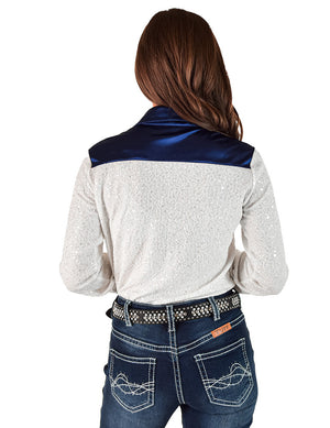 COWGIRL TUFF Pullover Button Up (White Sequins With Sapphire Satin Medium Weight Medium Stretch)