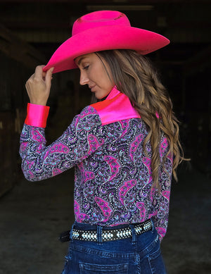 COWGIRL TUFF Pullover Button Up (Hot Pink Satin & Navy Paisley Medium Weight And Medium Stretch)