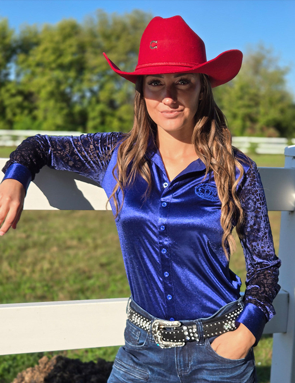 COWGIRL TUFF Pullover Button Up (Sapphire Stretch Satin With Sheer Velvet Mesh Sleeves Medium Weight And Medium Stretch)
