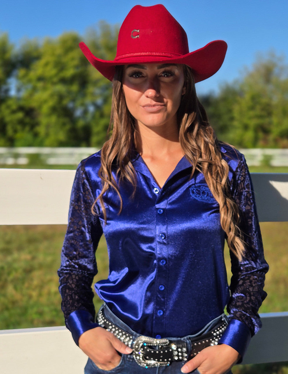 COWGIRL TUFF Pullover Button Up (Sapphire Stretch Satin With Sheer Velvet Mesh Sleeves Medium Weight And Medium Stretch)