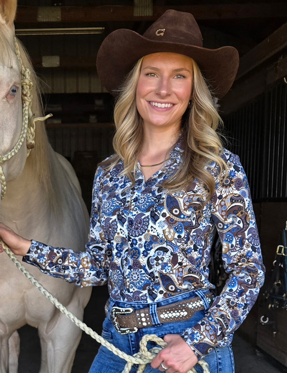 COWGIRL TUFF Pullover Button Up (Navy, Brown & Cream Paisley Jersey Medium Weight And Medium Stretch)