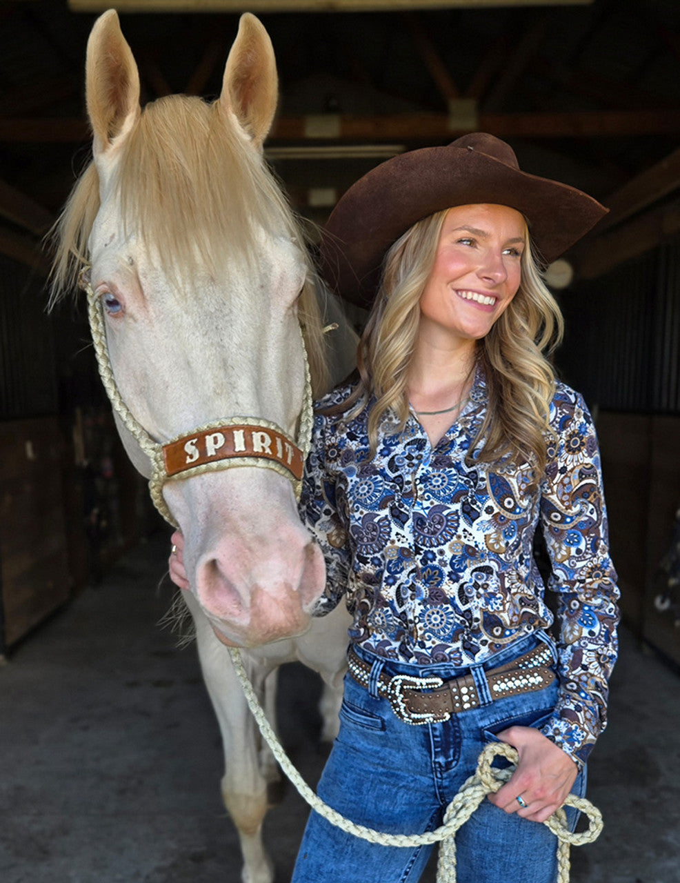 COWGIRL TUFF Pullover Button Up (Navy, Brown & Cream Paisley Jersey Medium Weight And Medium Stretch)