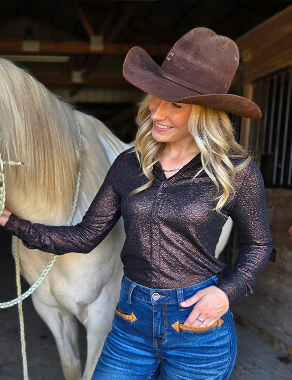 COWGIRL TUFF Pullover Button Up (Cocoa Brown Shimmer Medium Weight And Medium Stretch)