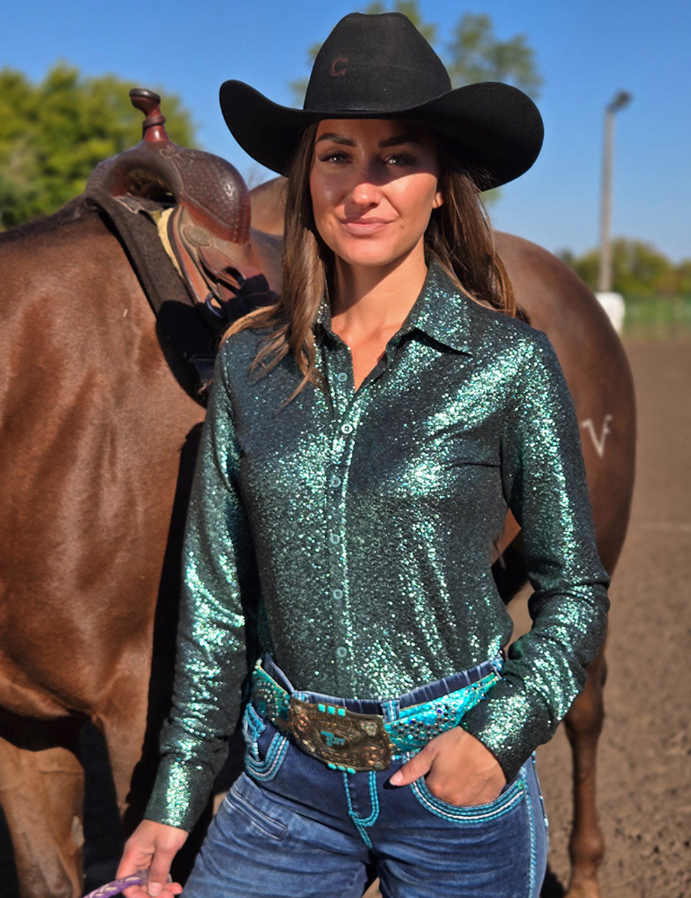 COWGIRL TUFF Pullover Button Up (Jade Shimmer Medium Weight And Medium Stretch)