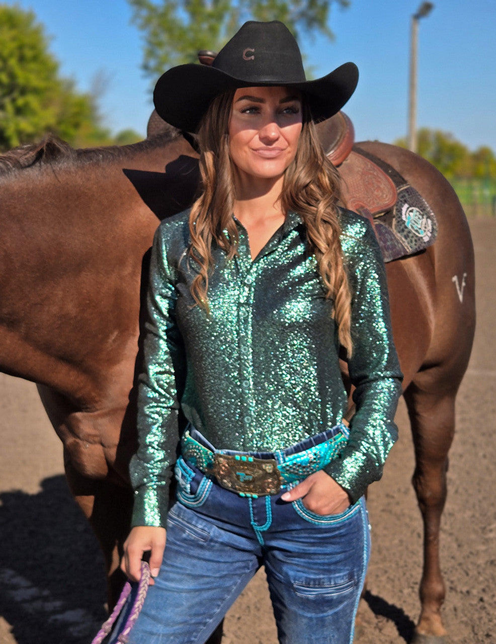 COWGIRL TUFF Pullover Button Up (Jade Shimmer Medium Weight And Medium Stretch)