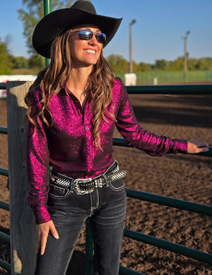 COWGIRL TUFF Pullover Magenta Shimmer Button Up