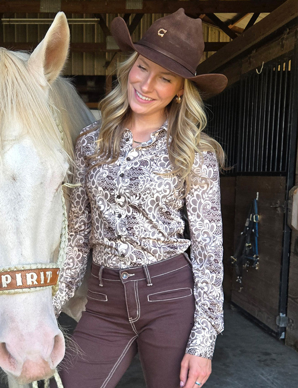 COWGIRL TUFF Pullover Button Up (Brown And Cream Medium Weight And Medium Stretch)