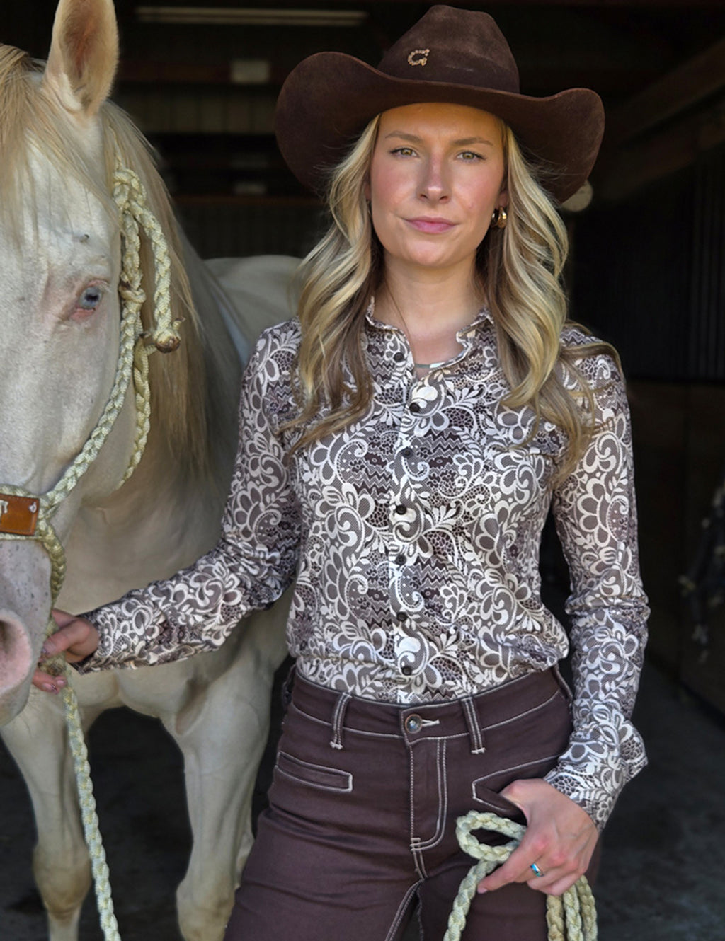 COWGIRL TUFF Pullover Button Up (Brown And Cream Medium Weight And Medium Stretch)