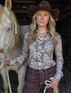COWGIRL TUFF Pullover Button Up (Brown And Cream Medium Weight And Medium Stretch)