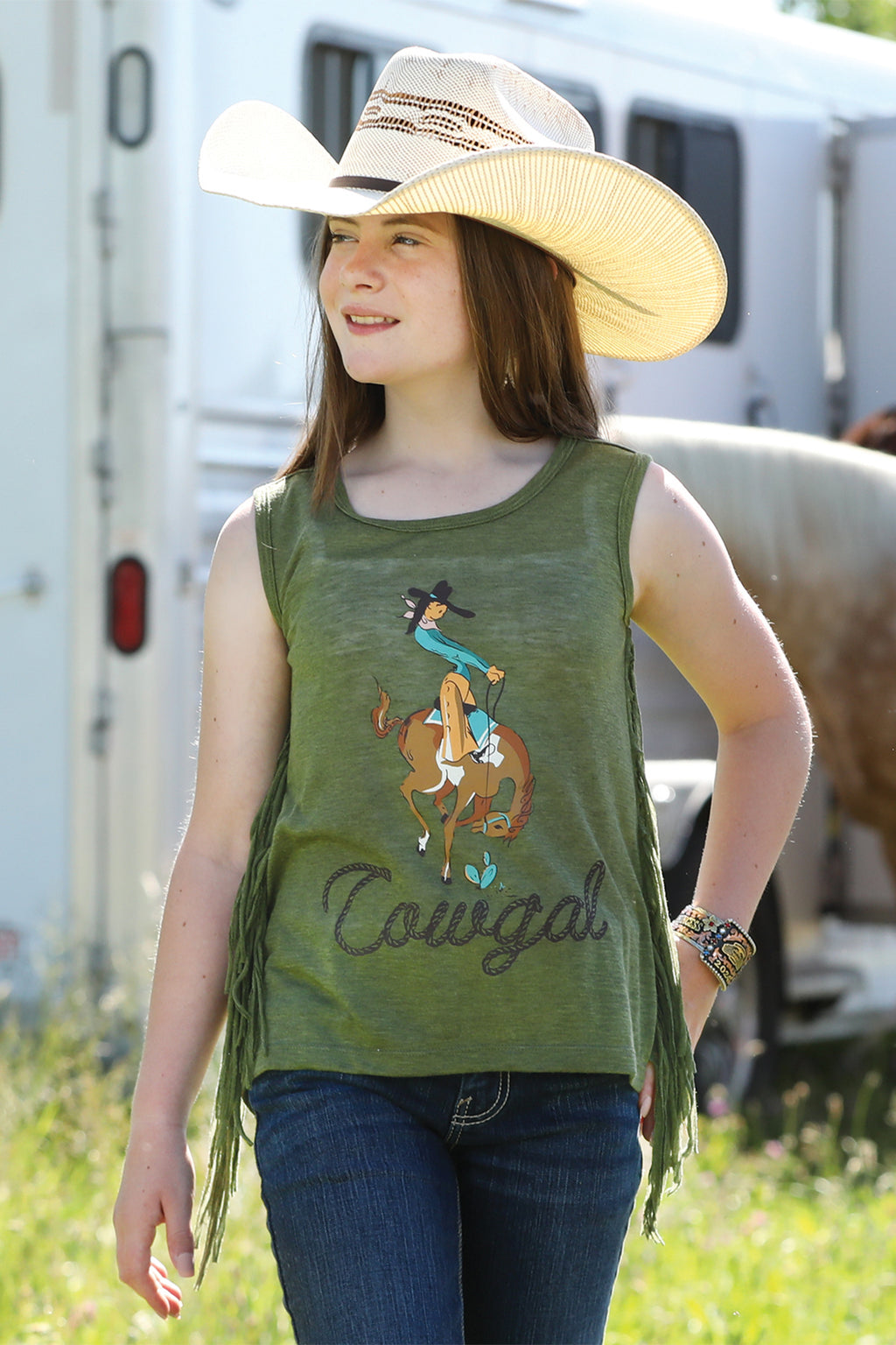 CRUEL GIRL Girl's Olive Fringe Tank