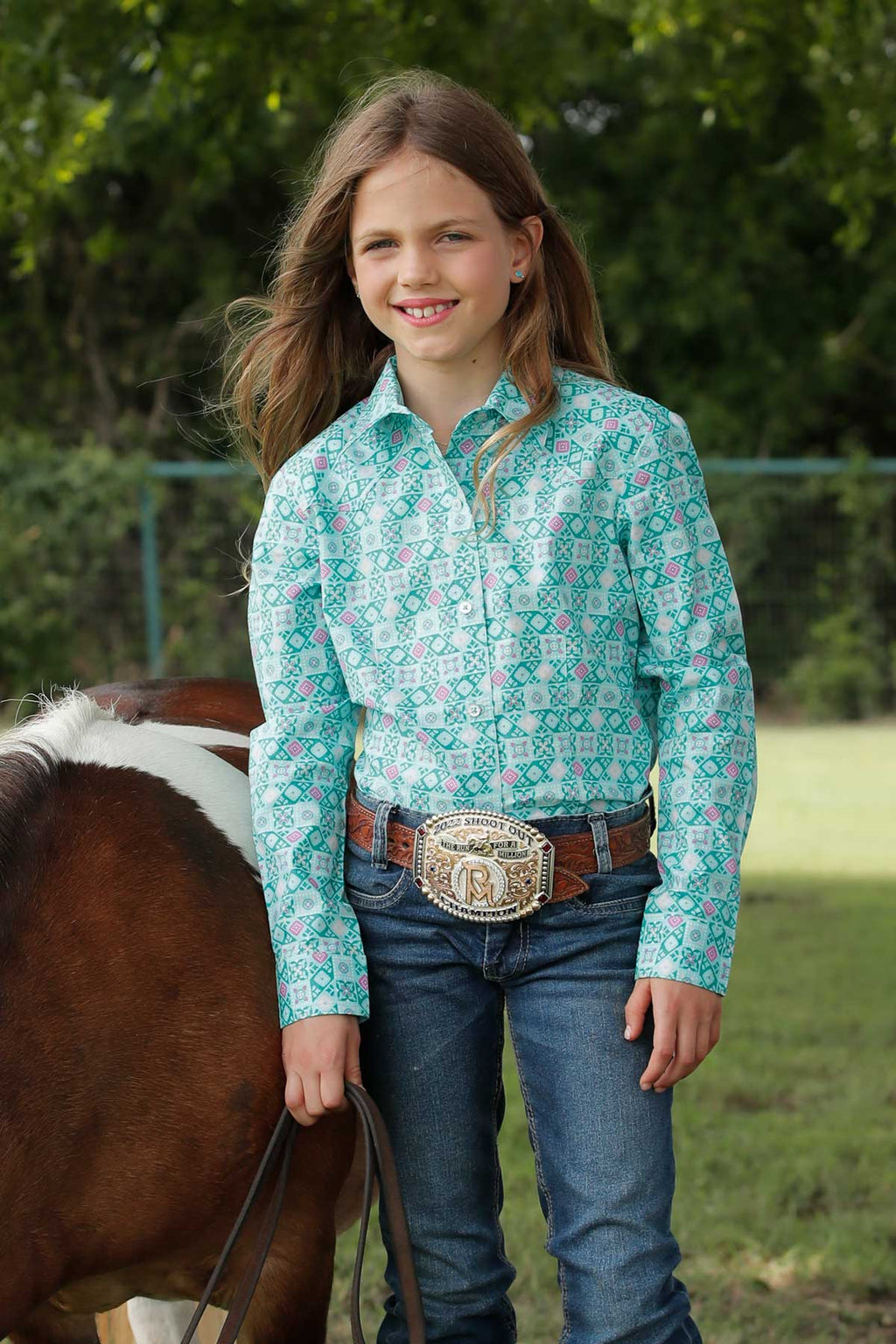 CRUEL GIRL Girl's Turquoise Western Button Down Shirt