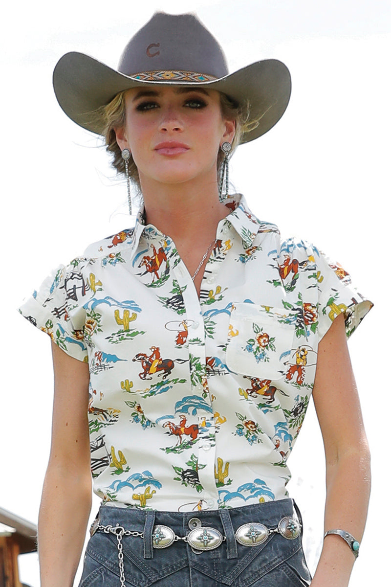 CRUEL GIRL Women's Cream S/S Print Button Down