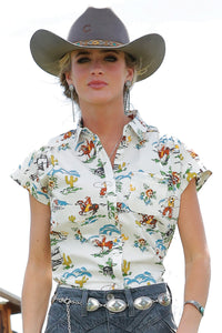 CRUEL GIRL Women's Cream S/S Print Button Down
