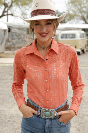 CRUEL GIRL Women's Orange Lace Snap Front Western Shirt