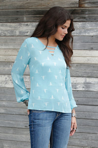 CRUEL GIRL Women's Light Blue Long Sleeve Print Blouse